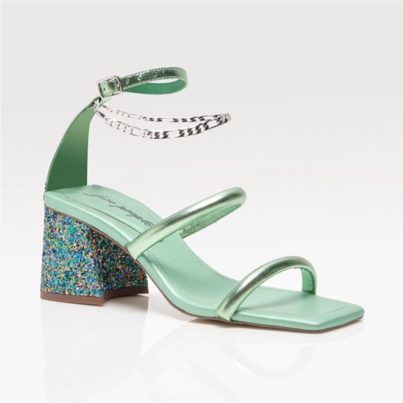 Free People Parker Chain Heel Green Metallic Strappy Sandal Shoe Glitter - Picture 4 of 16